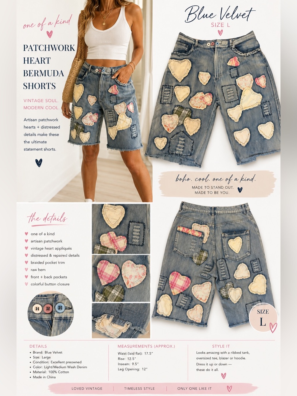 Blue Velvet Patchwork Heart Bermuda Denim Shorts • Size L 💕 These are INSANE. 💙